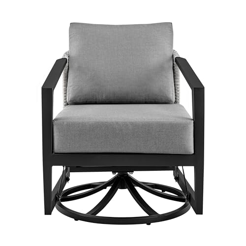 Benzara Nyla 28 Inch Patio Swivel Lounge Chair Wicker Back Aluminum Frame Black Gray