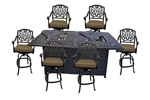 Patio Land 7-Piece Outdoor Cast Aluminum Bar Set with Rectangular Table Walnut