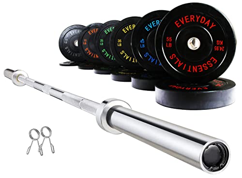 BalanceFrom Color Coded Olympic Bumper Plate Set with Barbell 370LB Black