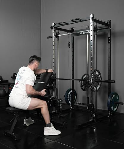 EonfitOmni Smith Machine Squat Rack with Cable Crossover Red/Black Bench