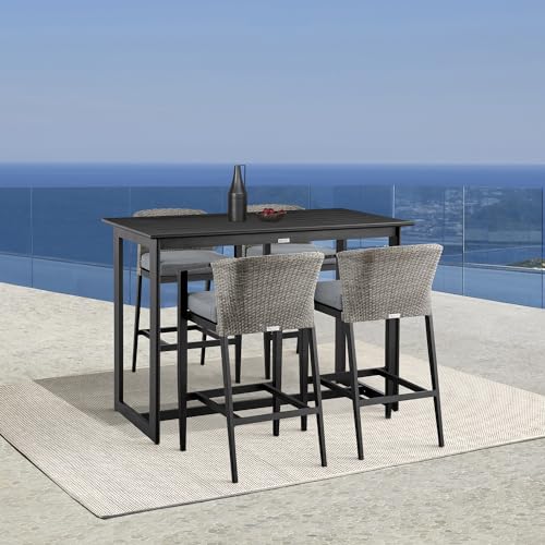Armen Living Aileen Outdoor Patio 5-Piece Bar Table Set Aluminum with Grey Cushions Black