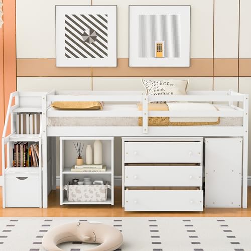 RORIGAT Twin Size Loft Bed with Desk, Storage Stairs & Shelves, White
