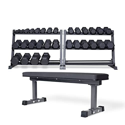 REP Rubber Hex Dumbbell Set 5-75 lb with 3-Tier Rack and Flat Bench