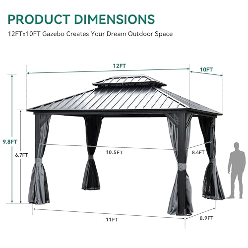 YITAHOME 10x12ft Hardtop Gazebo with Nettings and Curtains Gray