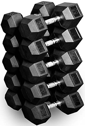 French Fitness Rubber Hex Dumbbell Set with Bench + 3 Tier Dumbbell Rack (New)