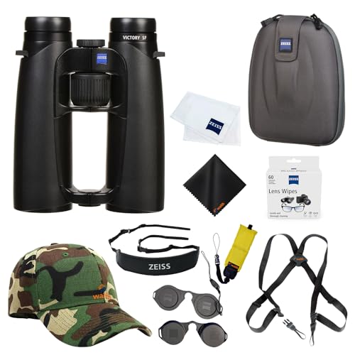 ZEISS 8x42 Victory SF Binoculars Bundle Set for Bird Watching with Harness Strap, Camo Hat, Cleaning Cloth, Lens Wipes, and Floating Strap
