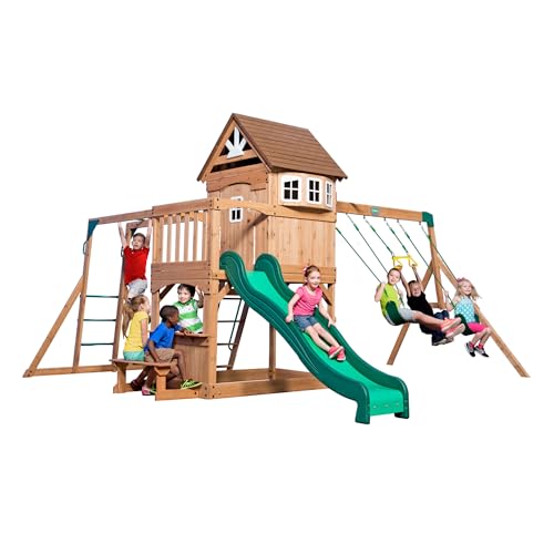 Backyard Discovery Montpelier Cedar Wood Playset Swing Set Light Brown