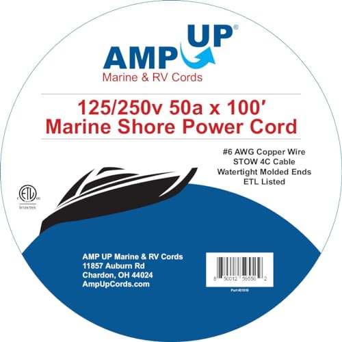 Amp Up Marine & RV Cords 125/250 Volt 50 Amp Shore Power Boat Cord Yellow 100 ft 6 Gauge