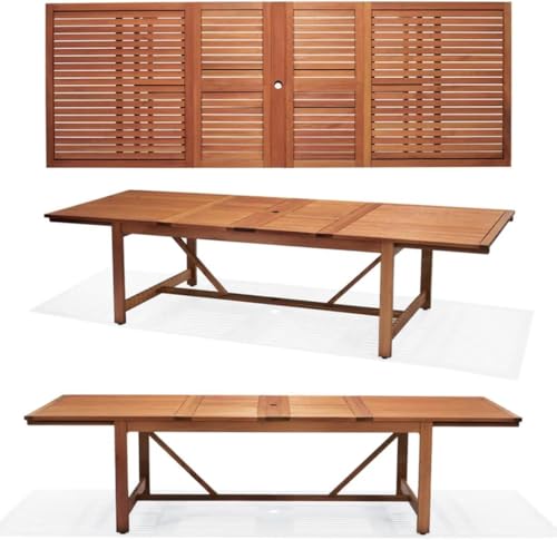 Brampton Patio 11-Piece Extendable Dining Table Set Eucalyptus Wood with White Cushions Brown
