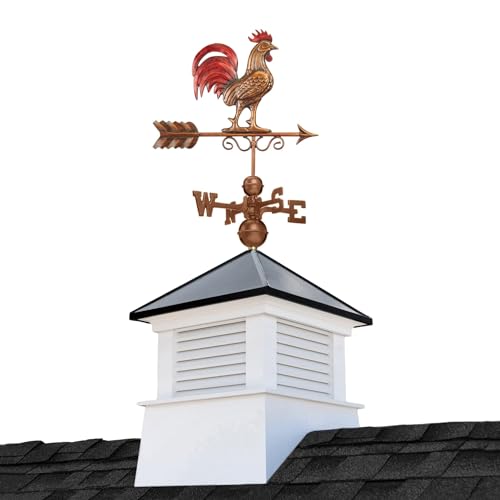 Good Directions 18" Square Manchester Vinyl Cupola with Black Aluminum Roof and Copper Bantam Red Rooster Weathervane White/Red/Black