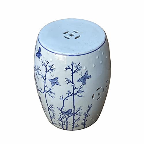 orientliving Chinese Porcelain Flower Butterflies Table Stool Blue White