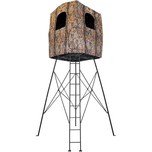 MUDDY 12 Foot Quad Pod Ladder Stand with 57" Platform and Hunting Blind, Epic Camo Multi