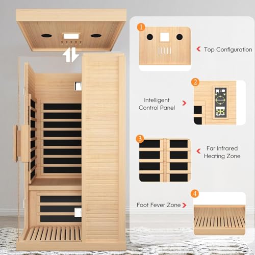 HAOYAYA Indoor Far Infrared Sauna Canadian Hemlock Single Person Spa with Oxygen Bar, 7 Color Therapy, 1420W Low-EMF