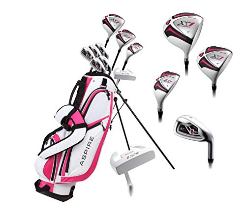 Aspire Ladies Golf Clubs Set Titanium Driver, Fairway, Hybrid, Irons, Putter, Bag Cherry Pink