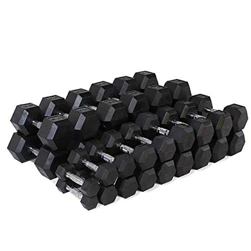 WF Athletic Supply Rubber Coated Solid Steel Cast-Iron Dumbbells 110 LB Pair Yellow