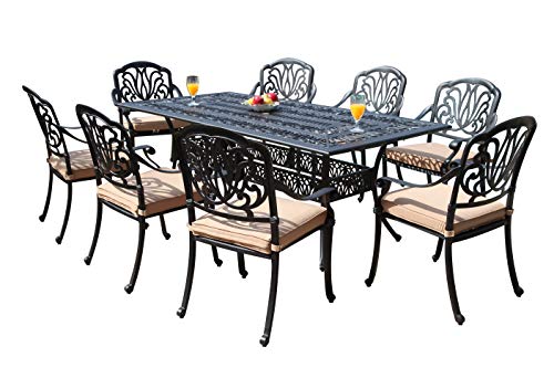 GrandPatioFurniture.com CBM Patio Elisabeth Cast Aluminum 9 Piece Dining Set with 8 Arm Chairs Black Brown