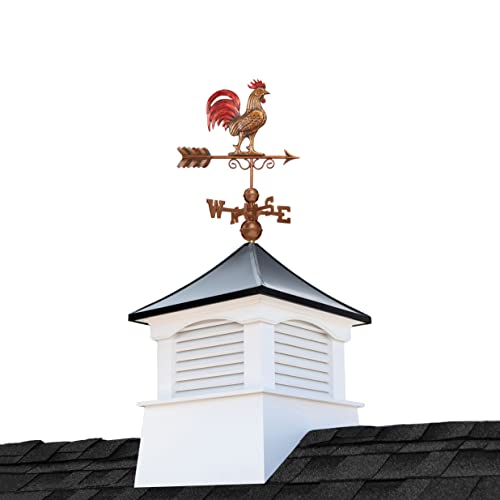 Good Directions 30" Square Coventry Vinyl Cupola with Black Aluminum Roof and Copper Bantam Red Rooster Weathervane White/Black/Red