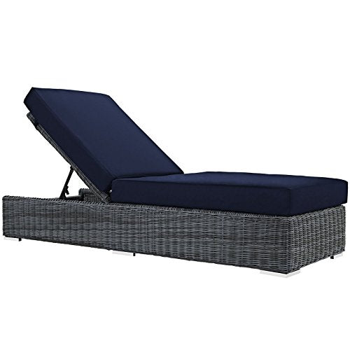 Modway Summon Wicker Rattan Aluminum Outdoor Chaise Lounge Chair with Sunbrella Fabric Cushions Navy