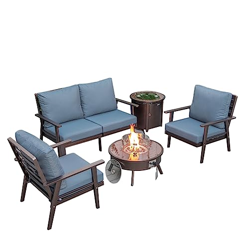 LeisureMod Walbrooke Modern Aluminum 5-Piece Patio Conversation Set with Firepit Table Navy Blue