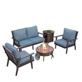 LeisureMod Walbrooke Modern Aluminum 5-Piece Patio Conversation Set with Firepit Table Navy Blue