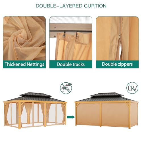 Litake 12x20ft Hardtop Gazebo Double Roof with Nettings and Curtains Brown