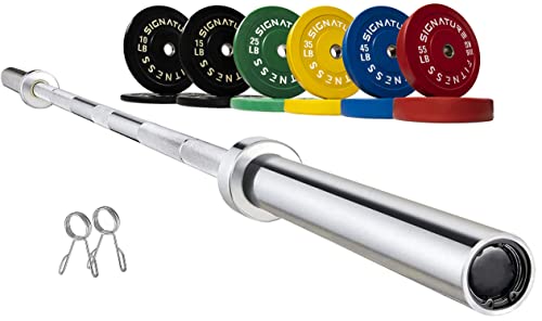 Signature Fitness Olympic Bumper Plate Weight Plates with 7FT Barbell 370LB Set Colored