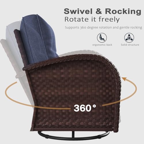 LayinSun 10-Piece Outdoor Patio Furniture Set with Fire Pit Table and Rattan Wicker Swivel Rocker Chairs Brown/Navy Blue