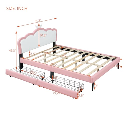 Brisca PU Upholstered Princess Bed with Crown Headboard and Storage, White+Pink