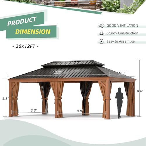 Jolydale Sonegra 12' x 20' Hardtop Aluminum Gazebo with Double Roof & Netting Brown