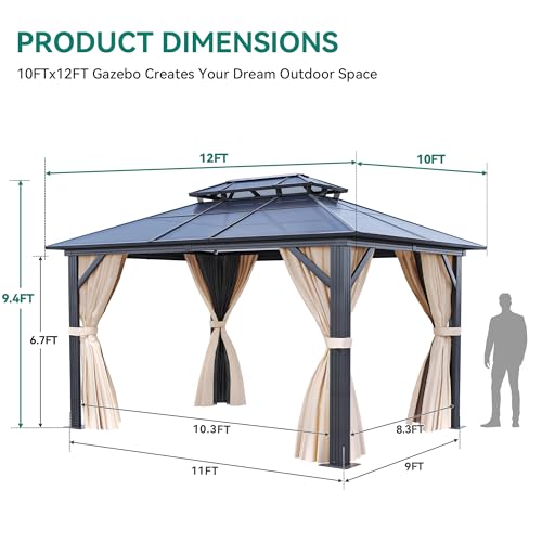YITAHOME 10x12FT Hard-Top Gazebo with Netting and Curtains Brown