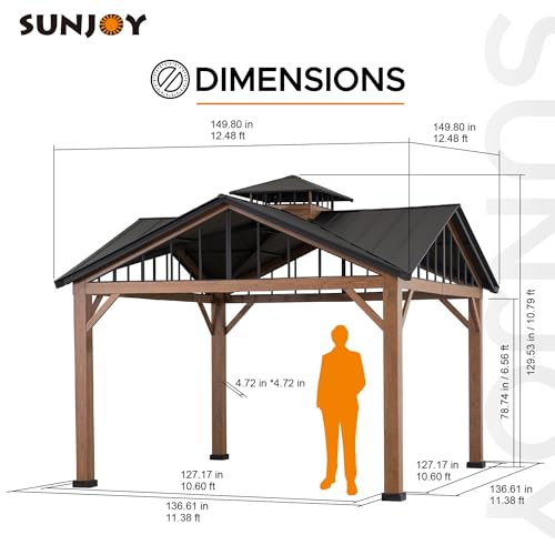 Sunjoy 12.5 x 12.5 ft. Hardtop Gazebo Brown Steel 2-Tier Outdoor with Ceiling Hook