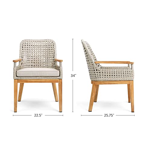 Winston August Teak & All-Weather Weave Patio Dining Chairs Set of 2 Natural Teak Wood Driftwood Grid Weave Sunbrella Cast Ash Fabric