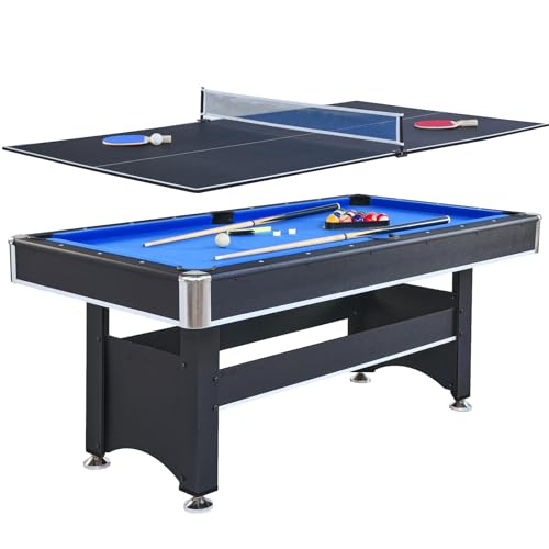 YESGIGA 6-ft Pool Table with Table Tennis Top Black+Blue Felt