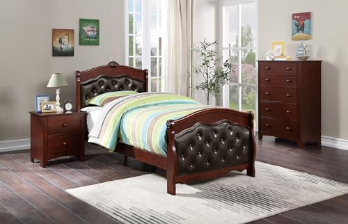 Kaimei Dark Cherry Twin Bed Espresso Faux Leather