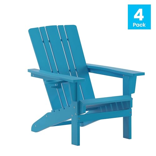 Flash Furniture Halifax Adirondack Chairs Set of 4 with Cup Holders, Weather Resistant Poly Resin Blue