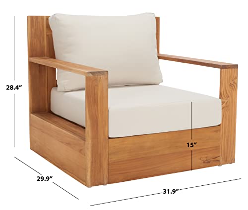 Safavieh Outdoor Couture Kauai Natural Solid Teak Wood Patio Chair with Beige Cushion