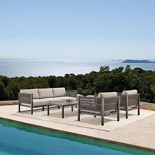 Armen Living Cuffay Modern Outdoor Patio Conversation Furniture Set Brown Aluminum and Taupe