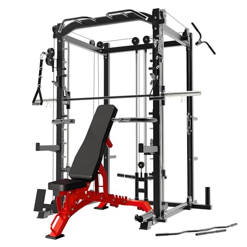 RitKeep Fitness PMAX-4550 Black Combo Smith Machine Training System Red Bench