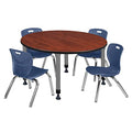 Romig Adjustable Classroom Table 48" Cherry with 4 Stack Chairs Navy Blue