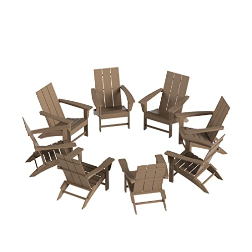 WestinTrends Ashore 8-Piece Modern Poly Folding Adirondack Chair Set Weathered Wood