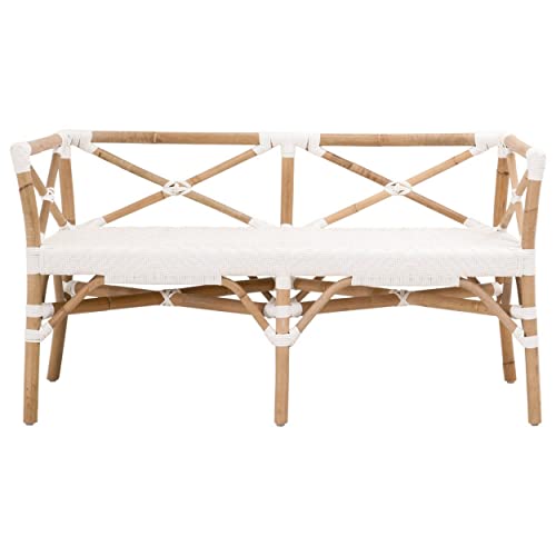 Benzara Benjara Kelly 52 Inch Accent Bench Handwoven Crossed Rattan White and Brown