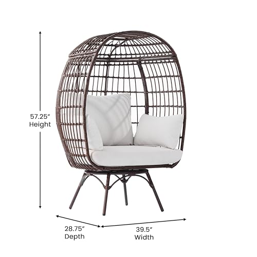 Flash Furniture Zola Oversized Wicker Egg Chair with 360° Swivel, High Back, 4 Cream Cushions/Brown Frame