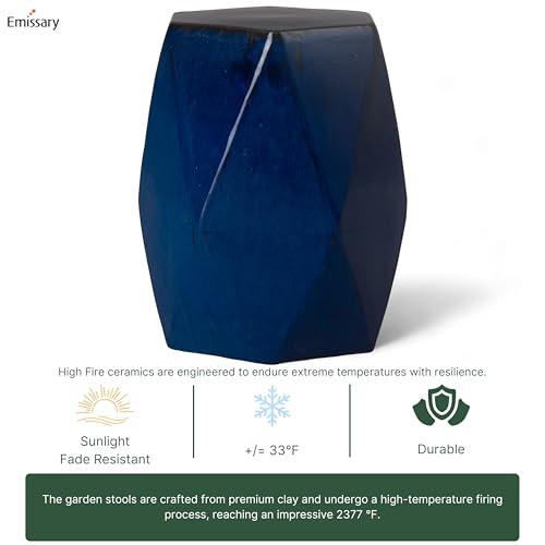 Emissary 22in Glossy Glaze Blue Hexagon Stoneware Garden Stool