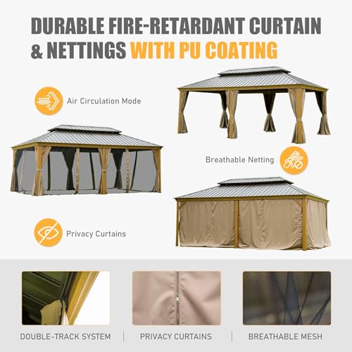 LOPOO Outdoor Living Hardtop Gazebo Metal Structure with Double Roof & Curtains Yellow Brown
