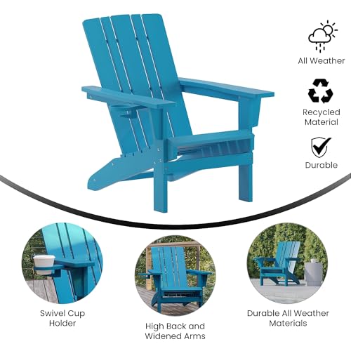 Flash Furniture Halifax Adirondack Chairs Set of 4 with Cup Holders, Weather Resistant Poly Resin Blue