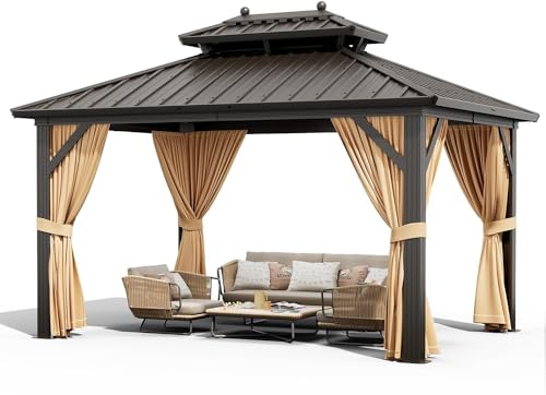 GAOMON Hardtop Gazebo 10x13ft with Nettings and Curtains, Heavy Duty Double Roof for Patio, Backyard, Deck, Lawn Brown