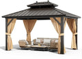 GAOMON Hardtop Gazebo 10x13ft with Nettings and Curtains, Heavy Duty Double Roof for Patio, Backyard, Deck, Lawn Brown