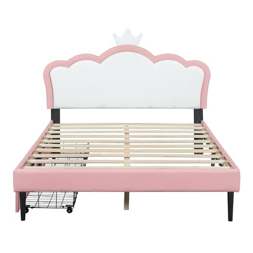 Brisca PU Upholstered Princess Bed with Crown Headboard and Storage, White+Pink