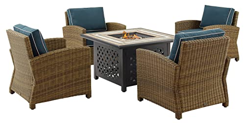 Crosley Furniture Bradenton 5-Piece Wicker Outdoor Patio Set with Propane Fire Pit, Brown with Navy Cushions