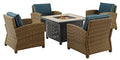 Crosley Furniture Bradenton 5-Piece Wicker Outdoor Patio Set with Propane Fire Pit, Brown with Navy Cushions
